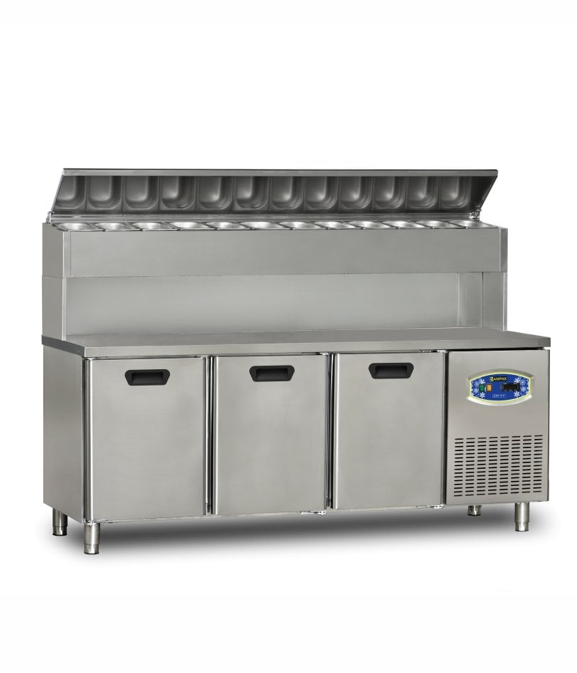 Dampak 3 Kapılı Tezgah Tip Buzdolabı Pizza Hazırlık Tablalı Yüksek Model 200x70 Cm 450 L
