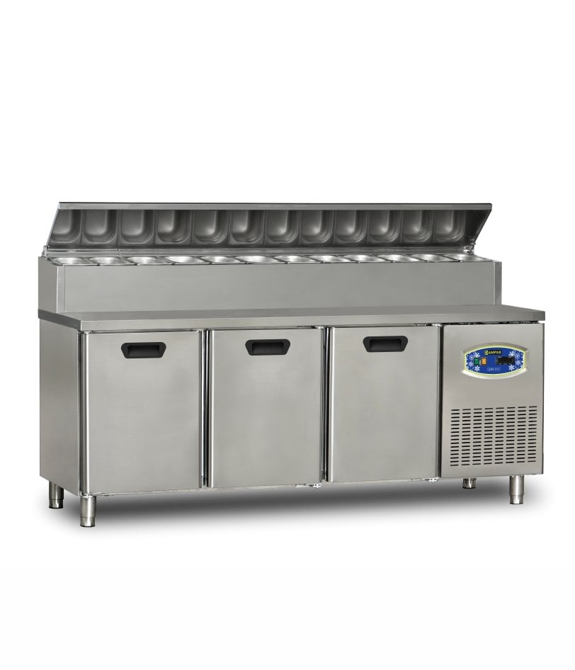 Dampak 3 Kapılı Tezgah Tip Buzdolabı Pizza Hazırlık Tablalı 200x70 Cm 450 L