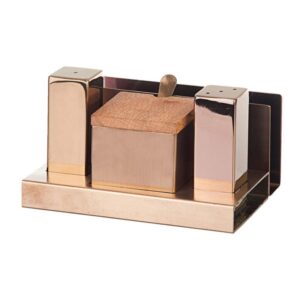 Biradlı GRV-114-P2B Kapaklı Kare Parlak Tuzluk Şekerlik Takımı, 3'lü, Bakır