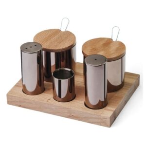 Biradlı GRV-49 Ahşap Standlı Tuzluk Baharatlık Takımı, 5'li, Bakır