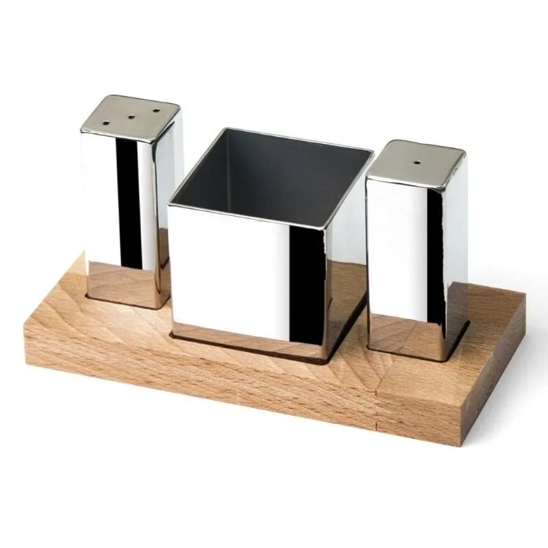 Biradlı GRV-87 Ahşap Standlı Kare Tuzluk Şekerlik Takımı, 3'lü