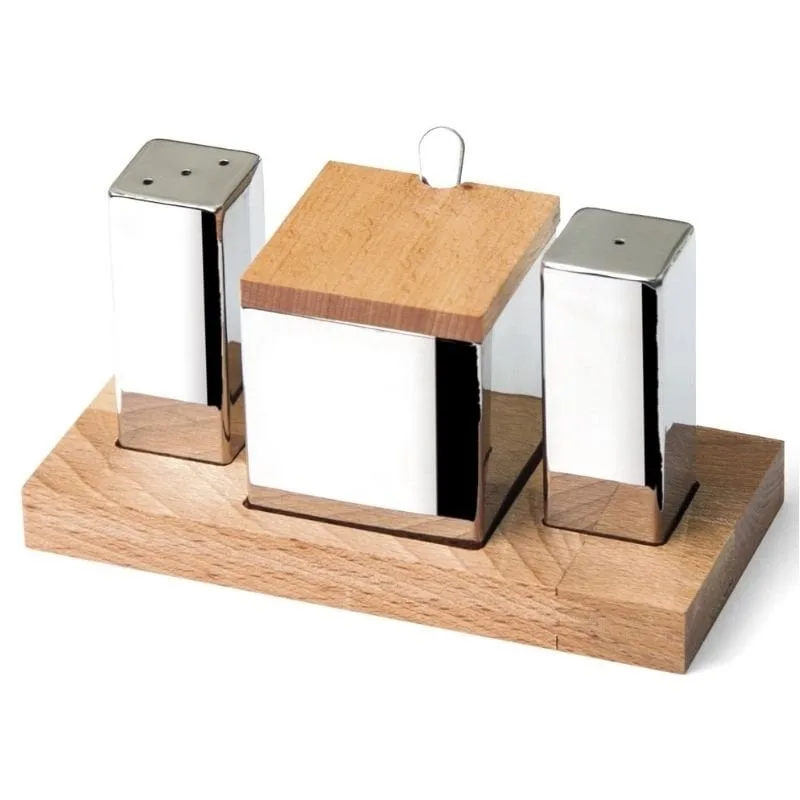Biradlı GRV-91 Ahşap Standlı Kare Tuzluk Baharatlık Takımı, 3'lü