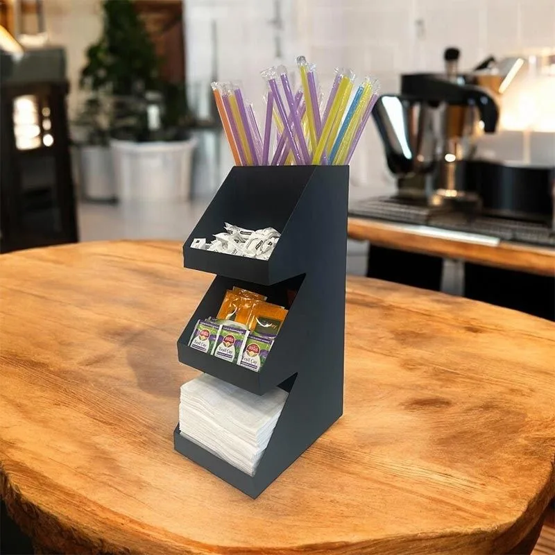 Decorelax 3 Katlı 5 Bölmeli Metal Pipet & Peçetelik & Şekerlik Organizer Siyah