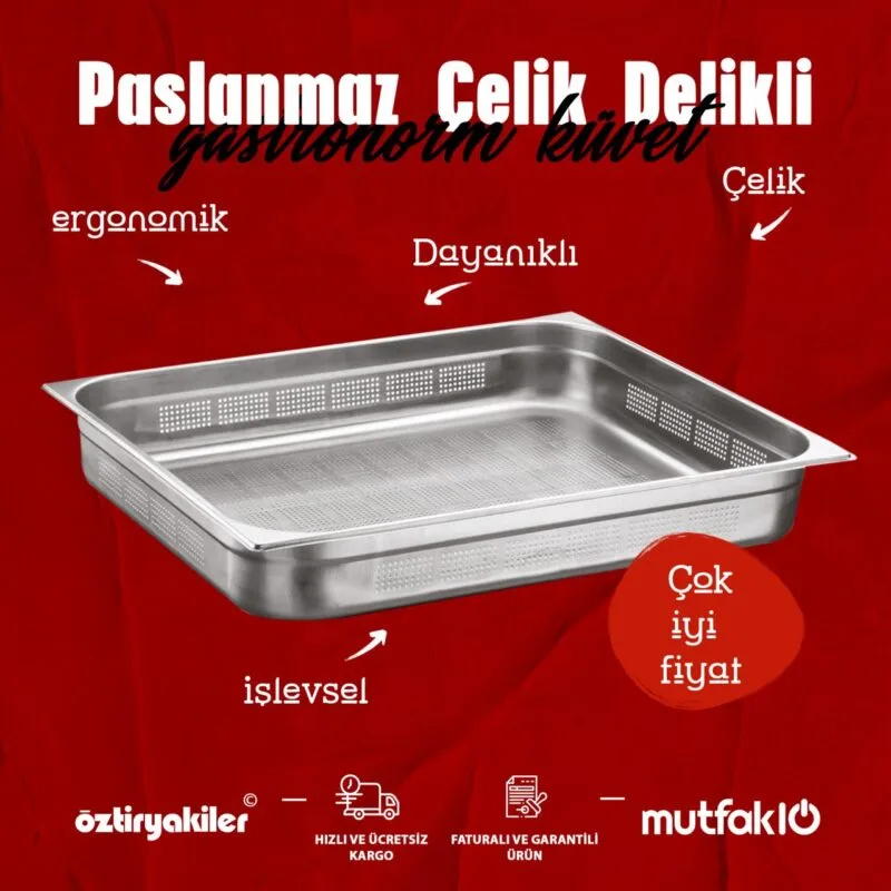 Öztiryakiler Gastronorm Küvet, Delikli, Standart, GNP 2/1-100, 53x65x10 cm