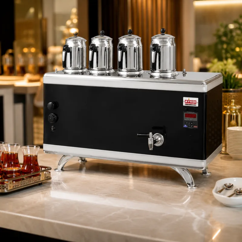 Ateşe Titanium Compact 45 Litre Akıllı Dijital Çay Kazanı | Gazlı & Elektrikli, Statik Boyalı, 4 Demlikli Endüstriyel Çay Makinesi