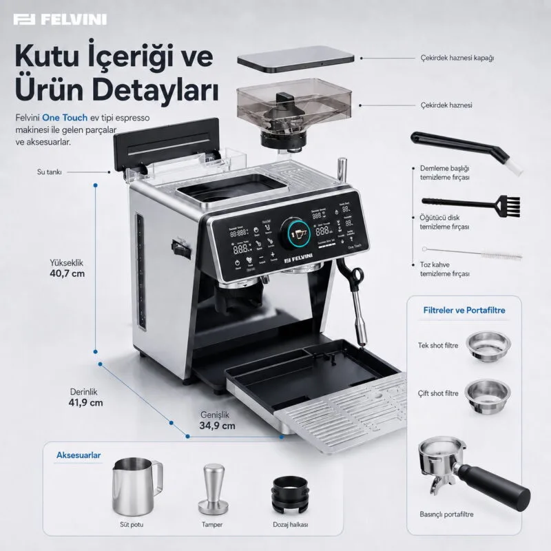 Felvini One Touch Ev Tipi Öğütücülü Espresso Makinesi PID Çift Kazan, Ön Demleme