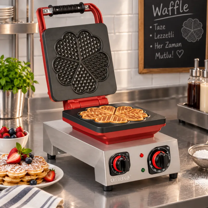 Omake Waffle Makinesi, Manuel, Zaman Ayarlı, Büyük Çiçek Kalp